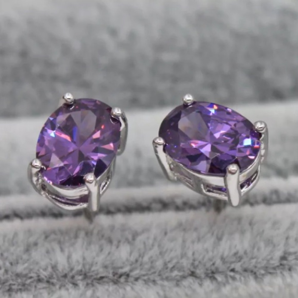 8mm Amethyst CZ & 18K White Gold Filled Earrings - Picture 2 of 2